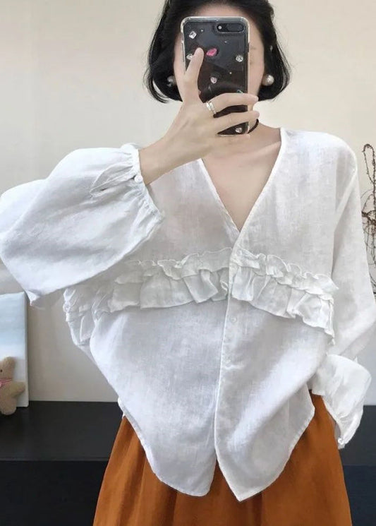 Boutique White V Neck Ruffled Patchwork Cotton Top Fall