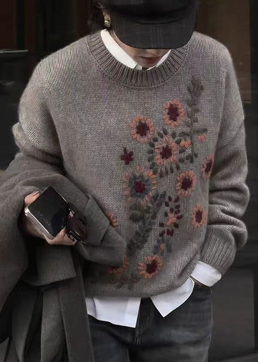 DIY Grey O Neck Thick Floral Knit Sweater Tops Fall