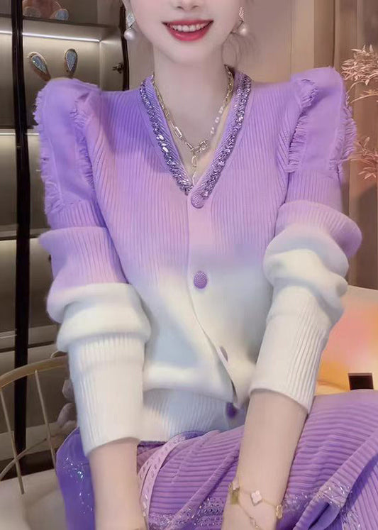 Fashion Gradient Color V Neck Zircon Knit Cardigans Fall