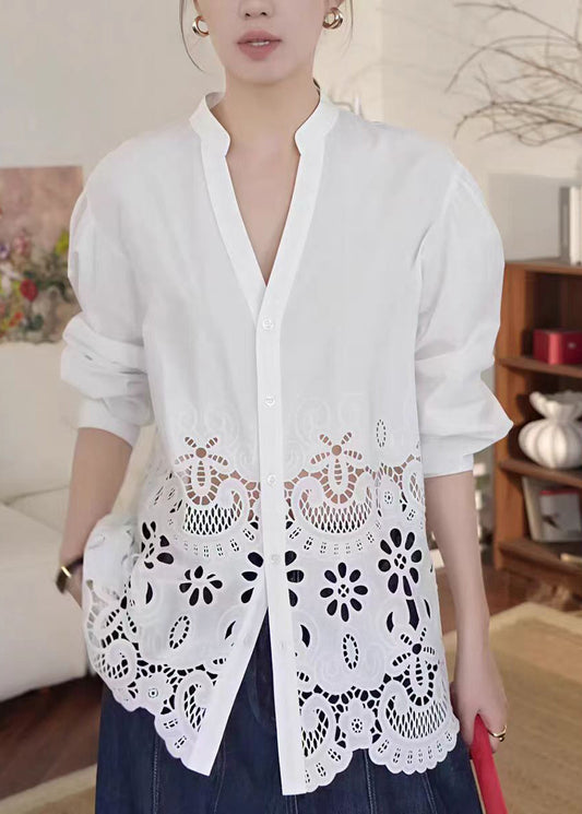 Fashion White V Neck Hollow Out Cotton Blouse Tops Fall