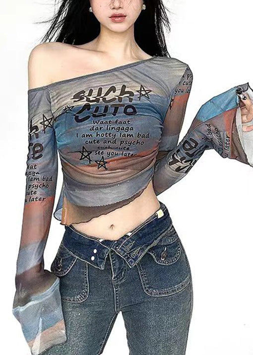 French Cold Shoulder Print Tulle T Shirt Top Flare Sleeve