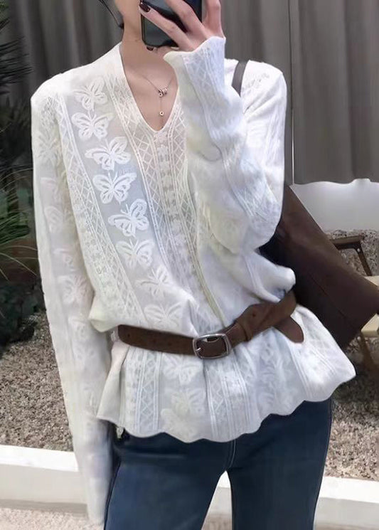 French White Lace Embroidered Patchwork Knit Tops Flare Sleeve