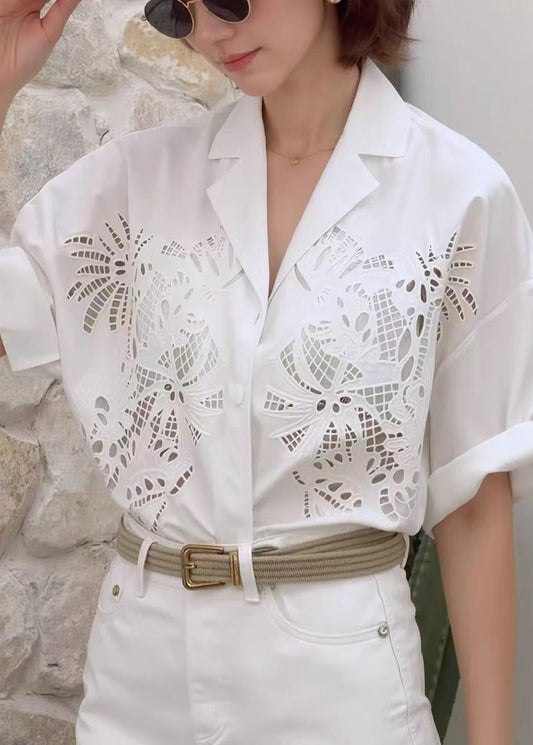 French White Peter Pan Collar Hollow Out Cotton Top Summer