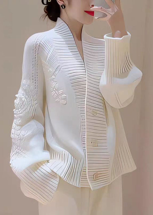 Italian White V Neck Floral Button Knit Cardigans Fall