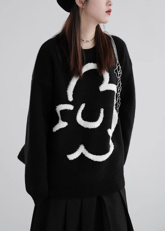 Loose Black O-Neck Floral Cozy Knit Sweaters Winter