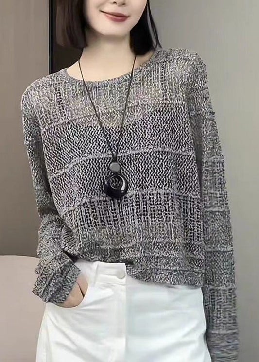 Modern Grey O Neck Hollow Out Knit Sweater Tops Fall