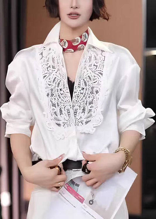 Modern White Hollow Out Lace Patchwork Cotton Shirt Tops Fall