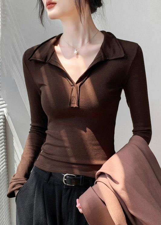 Organic Coffee V Neck Patchwork Slim Fit Cotton T Shirt Fall
