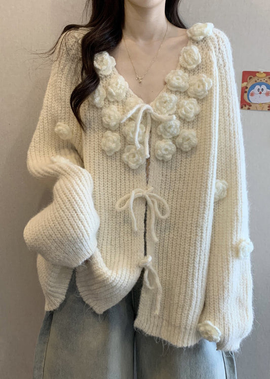 Original Design Apricot Floral Solid Cotton Knit Cardigan