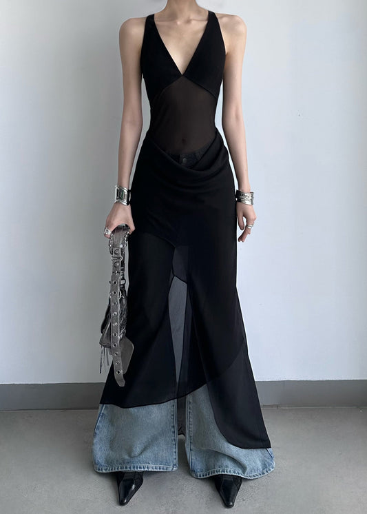 Sexy Black V Neck Backless Patchwork Chiffon Dress Summer