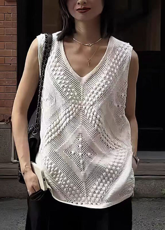Style White V Neck Hollow Out Knit Tops Sleeveless