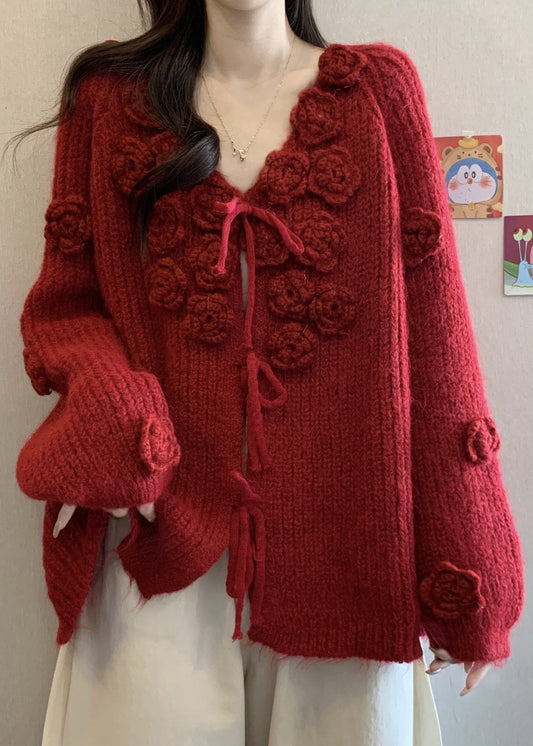 Women Red V Neck Floral Lace Up Cotton Knit Cardigans Winter