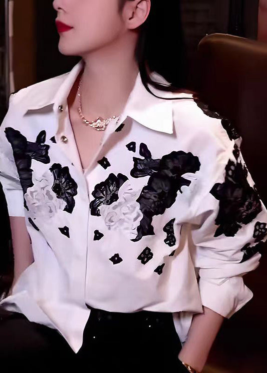 Women White Peter Pan Collar Hollow Out Floral Cotton Tops Fall